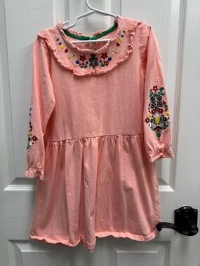Girls' Pink Embroidered Ruffle Collar Dress